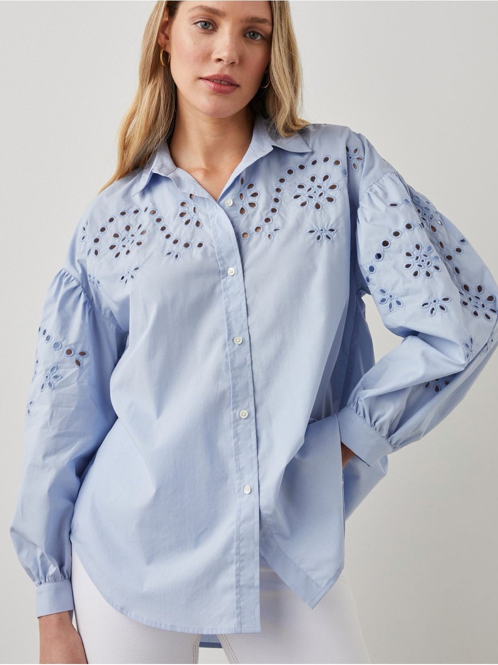 Rails Alister Blouse | Blue Eyelet Button-Up Cotton Embroidered Shirt, Small